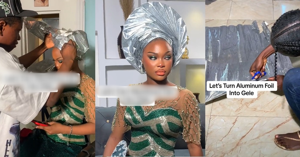 Bride and artiste wow netizens as they transform aluminum foil into head tie (WATCH)