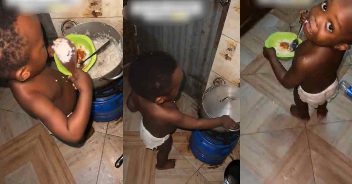 Nigerian mum's jaw dr0ps as she discovers 2-year-old son dishing out his meal in the kitchen (VIDEO)